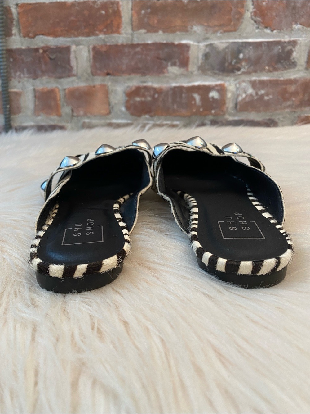 Shu Shop Alma Leather Zebra Hair Studded Pointed Toe Mules, Size 6 - Picture 11 of 16